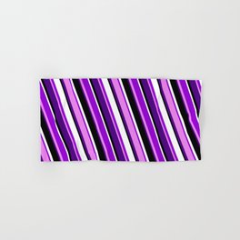 [ Thumbnail: Dark Violet, Violet, Indigo, Black, and White Colored Pattern of Stripes Hand & Bath Towel ]