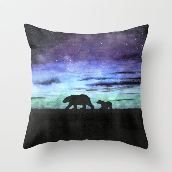 Aurora borealis and polar bears (black version) Throw Pillow by Savousepate Society6