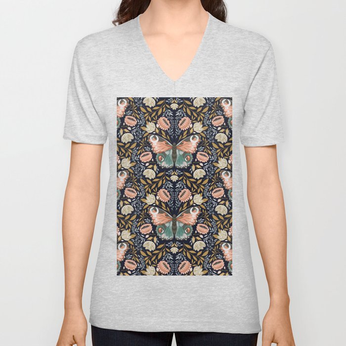 William Morris Inspired Butterfly Pattern - Midnight Garden V Neck T Shirt
