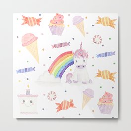 Kawaii Unicorn with Candy and Rainbows Metal Print | Sweet, Cupcake, Cute, Cake, Dessert, Rainbow, Sweettooth, Painting, Supersweet, Magical 