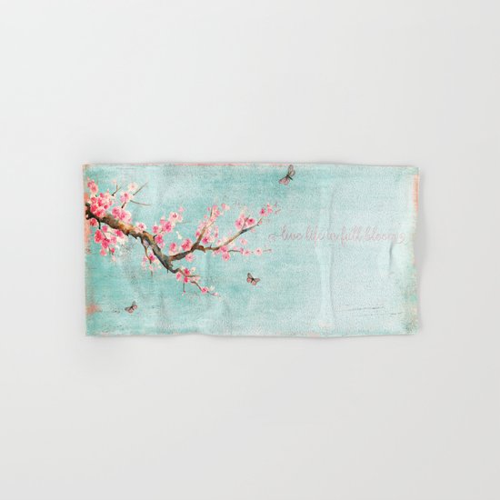 Live life in full bloom - Romantic Spring Cherryblossom butterfly Watercolor illustration on aqua Hand & Bath Towel