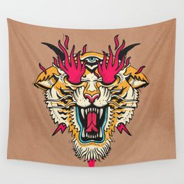 Tiger 3 Eyes Flames Wall Tapestry