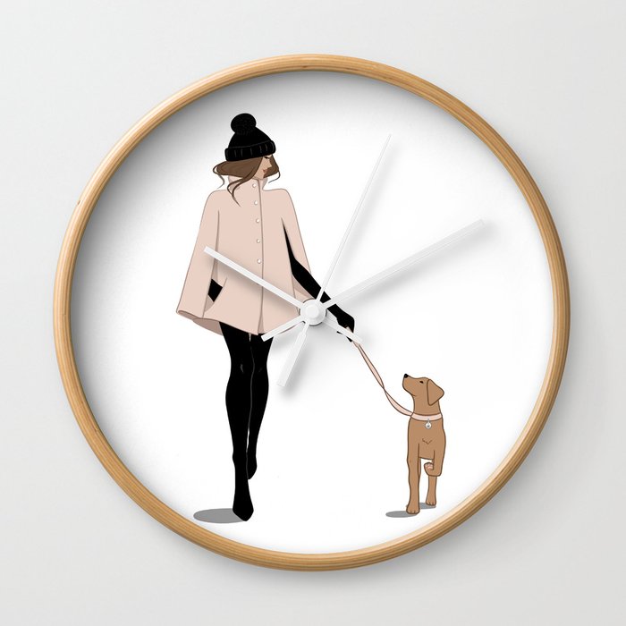 Brunette Walking the Dog Illustration Wall Clock