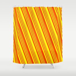 [ Thumbnail: Red & Yellow Colored Lined Pattern Shower Curtain ]