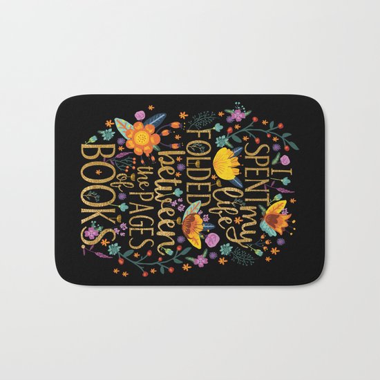 Folded Between the Pages of Books - Floral Black Bath Mat