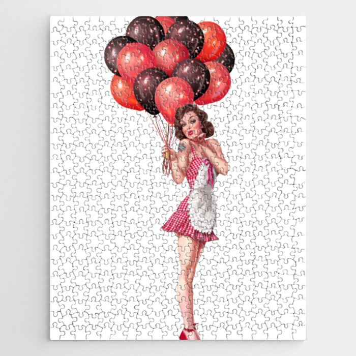 Sexy Brunette Pin Up With Tattoo, Baloons And Maid Dress Jigsaw Puzzle