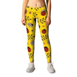 Ladybug and Floral Seamless Pattern on Yellow Background Leggings