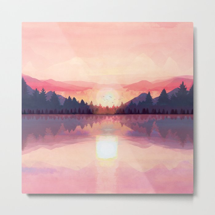 Morning Sunshine over the Peaceful Mountain Lake Metal Print