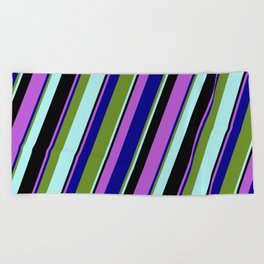 [ Thumbnail: Eyecatching Orchid, Dark Blue, Green, Turquoise, and Black Colored Stripes/Lines Pattern Beach Towel ]