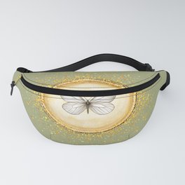 Hand-Drawn Butterfly Gold Circle Pendant on Sage Green Fanny Pack