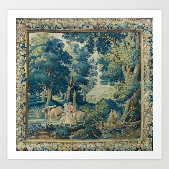 Antique 17th Century Flemish Verdure Lovers Landscape Tapestry Art Print