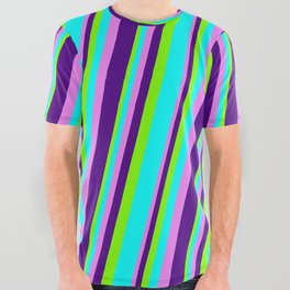 [ Thumbnail: Chartreuse, Aqua, Violet, and Indigo Colored Striped/Lined Pattern All Over Graphic Tee ]