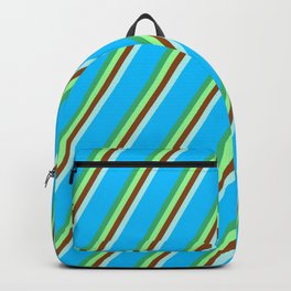 [ Thumbnail: Eyecatching Sea Green, Green, Brown, Turquoise, and Deep Sky Blue Colored Lined Pattern Backpack ]