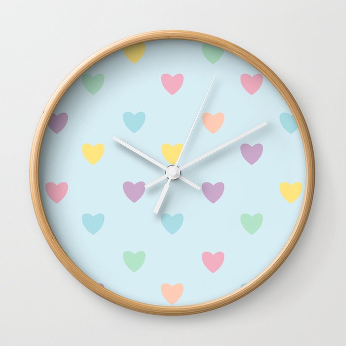 Pastel Hearts Pattern Baby Blue Background Wall Clock