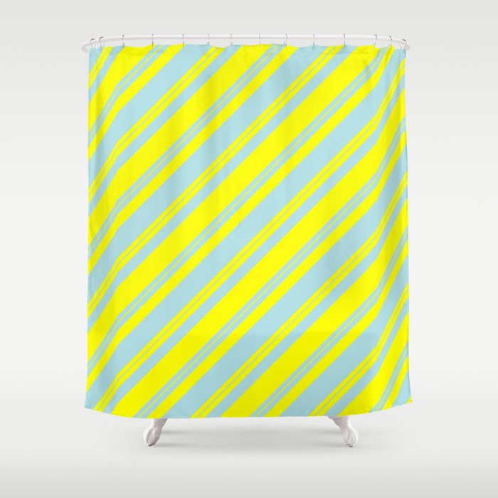 Powder Blue and Yellow Colored Lined Pattern Shower Curtain