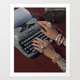 RETRO TYPEWRITER | Glitter collage art work by Yana Potter | vintage aesthetic | diamonds and shine | red nails | jewelry | writer  Art Print