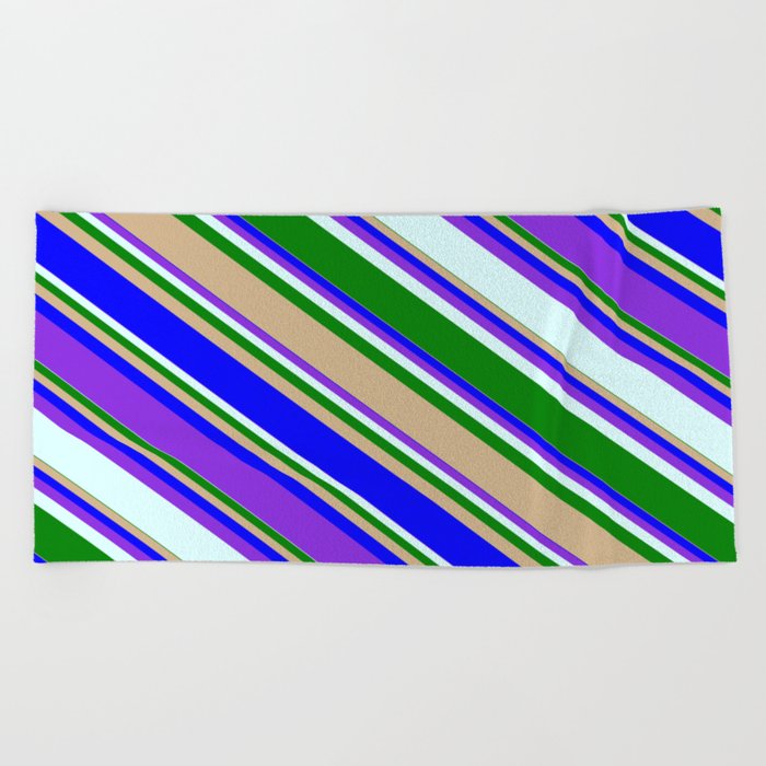 Colorful Green, Tan, Blue, Purple, and Light Cyan Colored Striped/Lined Pattern Beach Towel
