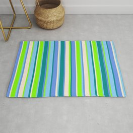 [ Thumbnail: Eye-catching Chartreuse, Light Sky Blue, Dark Cyan, Cornflower Blue, and Beige Colored Lines Pattern Rug ]