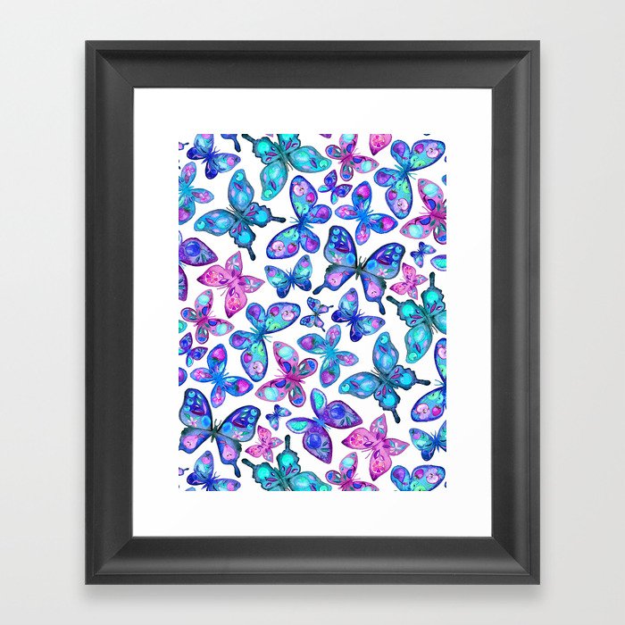 Watercolor Fruit Patterned Butterflies - aqua and sapphire Framed Art Print