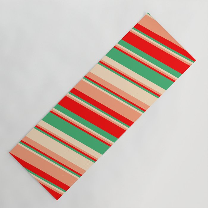Red, Sea Green, Bisque & Light Salmon Colored Lines/Stripes Pattern Yoga Mat
