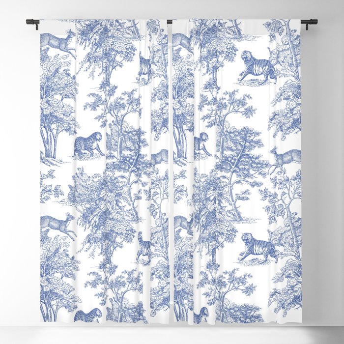 Toile de Jouy Vintage French Exotic Jungle Forest Navy Blue & White Blackout Curtain