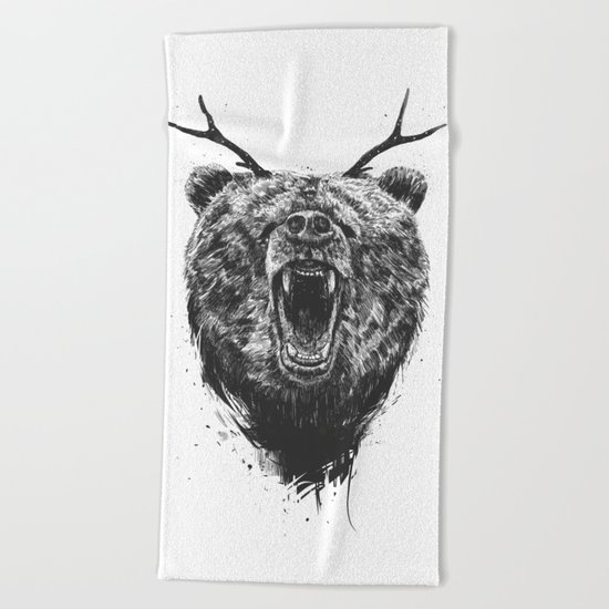 Angry bear with antlers Beach Towel