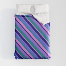 [ Thumbnail: Purple, Royal Blue, Teal, Violet & Blue Colored Stripes/Lines Pattern Duvet Cover ]