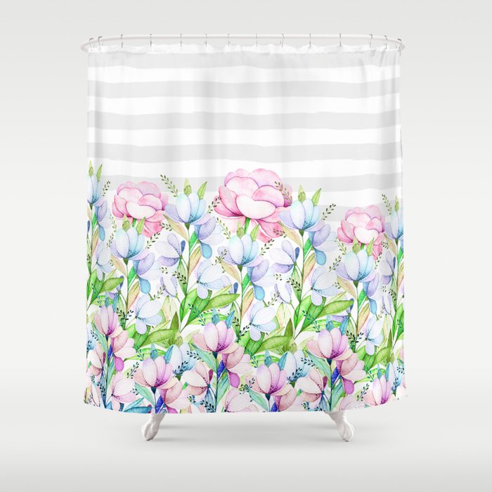 Modern Watercolor Pink Lavender Teal Floral White Stripes