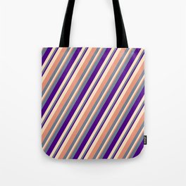 [ Thumbnail: Slate Gray, Indigo, Bisque & Dark Salmon Colored Stripes/Lines Pattern Tote Bag ]