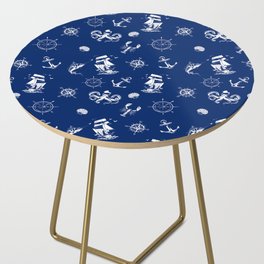 Blue And White Silhouettes Of Vintage Nautical Pattern Side Table