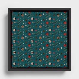 Ladybug and Floral Seamless Pattern on Teal Blue Background Framed Canvas