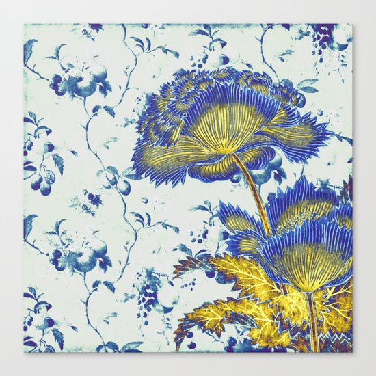 floral chinoiserie in blue and gold Canvas Print