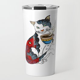 Cat Drinking Coffee With Fish Tattoo - Cat & Coffee Lovers gift idea Travel Mug