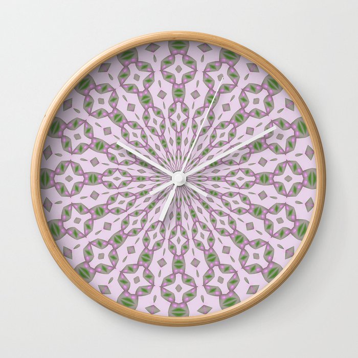 Radial Pattern In Green and Pink On Buff White Wall Clock