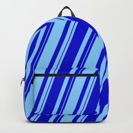 [ Thumbnail: Blue and Light Sky Blue Colored Lined/Striped Pattern Backpack ]