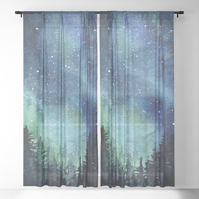 Galaxy Watercolor Aurora Borealis Painting Sheer Curtain
