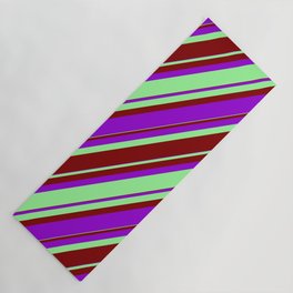 [ Thumbnail: Green, Maroon, and Dark Violet Colored Lined/Striped Pattern Yoga Mat ]