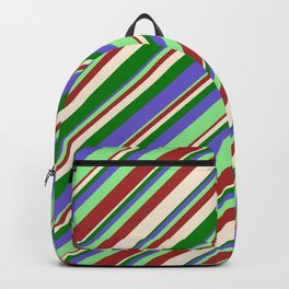 [ Thumbnail: Slate Blue, Light Green, Brown, Beige & Green Colored Pattern of Stripes Backpack ]