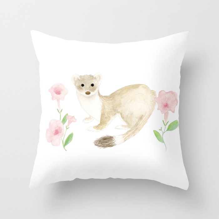 Watercolor Weasel With Pink Petunias Throw Pillow
