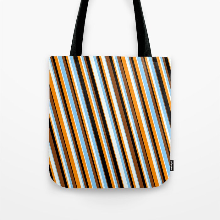 Vibrant Brown, Light Sky Blue, Mint Cream, Dark Orange & Black Colored Stripes/Lines Pattern Tote Bag