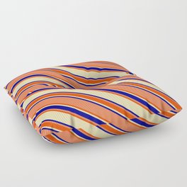 [ Thumbnail: Coral, Red, Tan, and Dark Blue Colored Lines/Stripes Pattern Floor Pillow ]