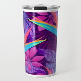 Tropical leaves and paradise flowers in night jungle. Seamless exotic detailed botanical pattern Travel Mug