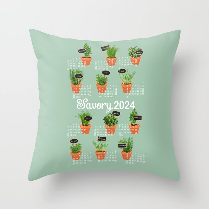 2024 Calendar potted herbs jade green Throw Pillow