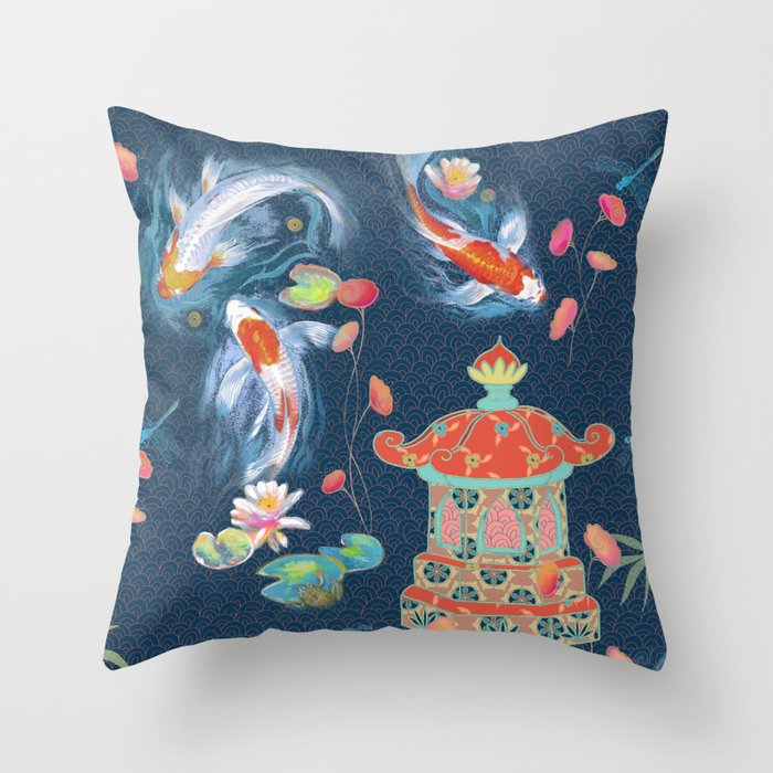 Japanese Watergarden with Pagoda - Navy Throw Pillow