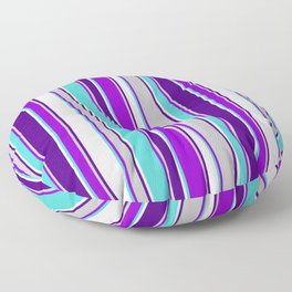 [ Thumbnail: Eyecatching Turquoise, Dark Violet, Grey, Indigo, and White Colored Pattern of Stripes Floor Pillow ]