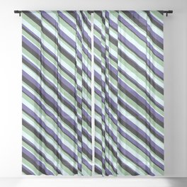 [ Thumbnail: Dark Sea Green, Light Cyan, Dark Slate Blue, and Black Colored Pattern of Stripes Sheer Curtain ]