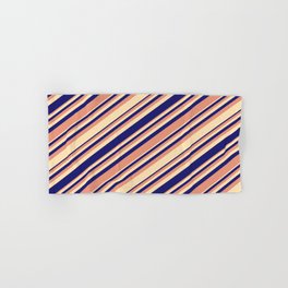 [ Thumbnail: Dark Salmon, Beige, and Midnight Blue Colored Pattern of Stripes Hand & Bath Towel ]