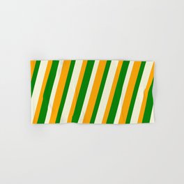 [ Thumbnail: Beige, Orange & Green Colored Lined/Striped Pattern Hand & Bath Towel ]