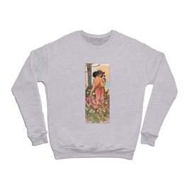 Alphonse Mucha Brunette Girl In The Forest With Pink Dress And Flowers Crewneck Sweatshirt