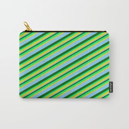 [ Thumbnail: Dark Green, Green, Yellow & Light Sky Blue Colored Lined Pattern Carry-All Pouch ]